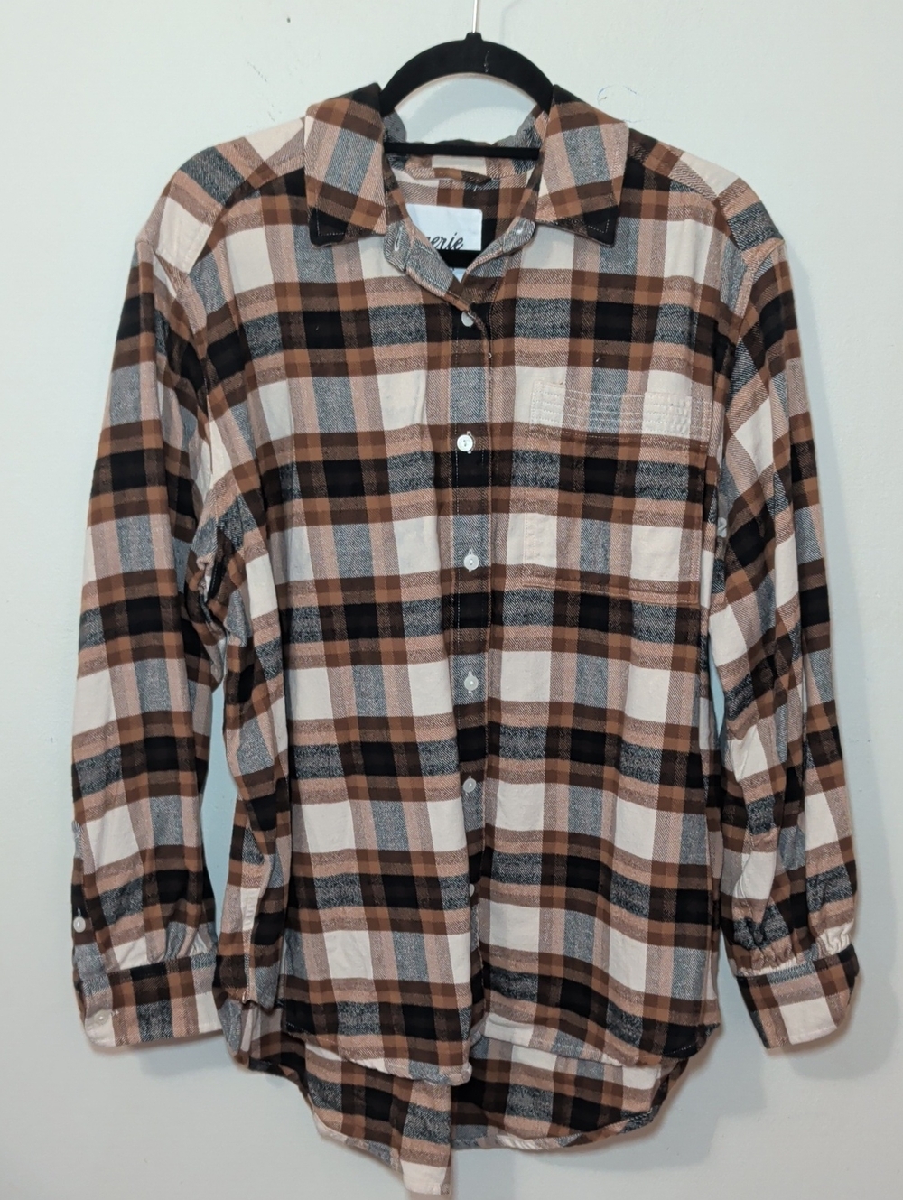Aerie Anytime Fave Flannel Oversized Shirt Cream Brown Black Plaid Womens Size M